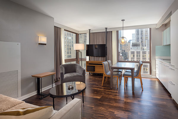 Living area with skyline views